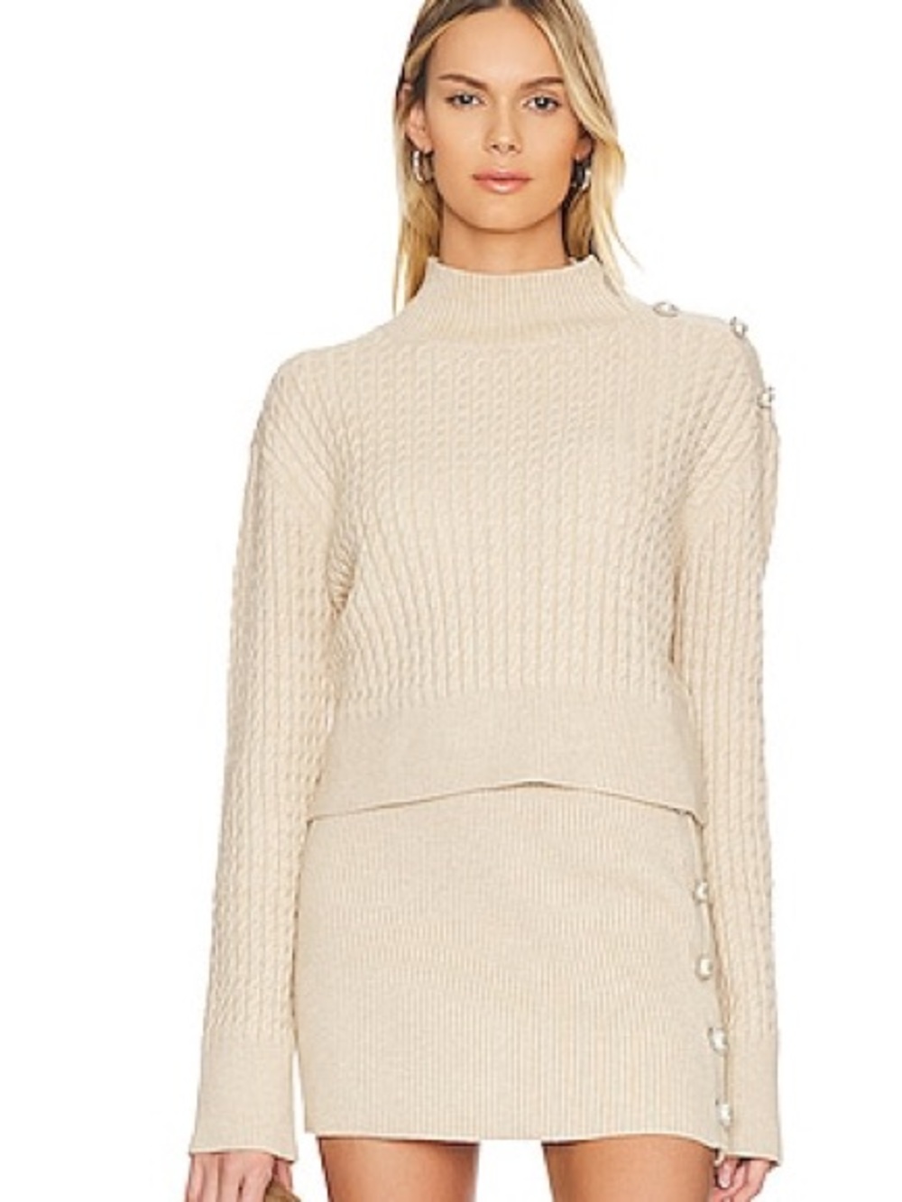 Cream Cable-Knit Mock Neck Sweater and Skirt
